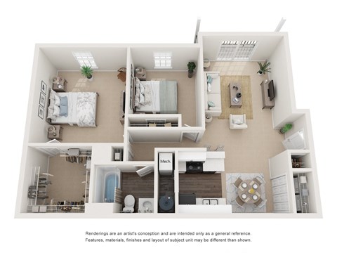 Floor plan for 2 beds, 1 bath, 933 sqft